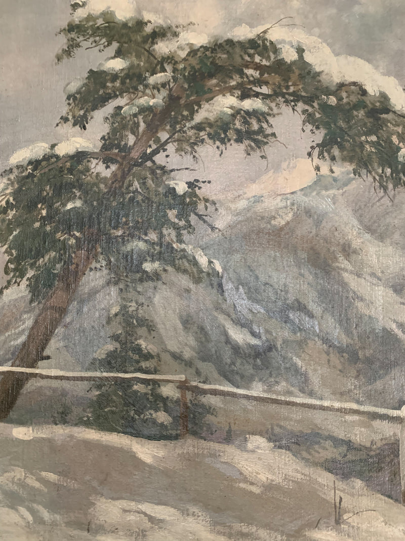 Dipinto Olio su Tela di Alberto Dressler 'Paesaggio Innevato' del 1944