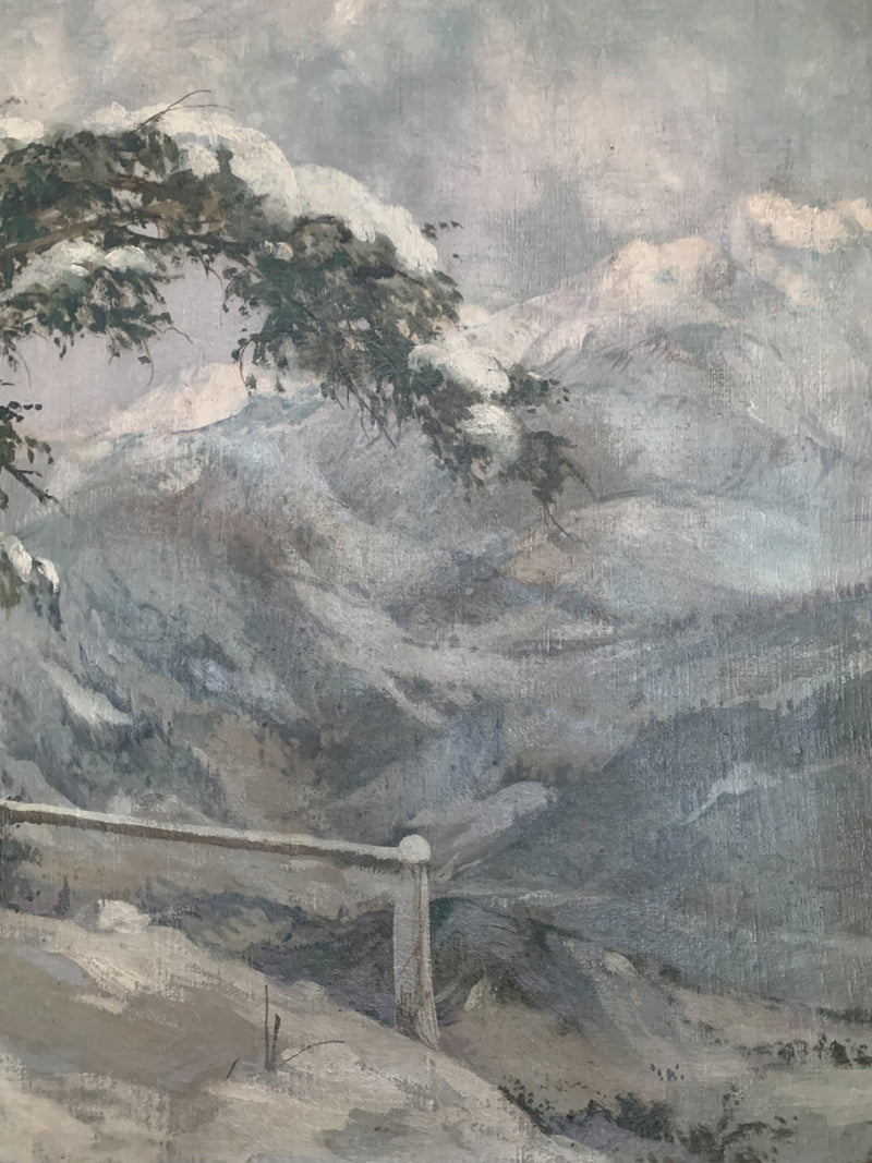 Dipinto Olio su Tela di Alberto Dressler 'Paesaggio Innevato' del 1944
