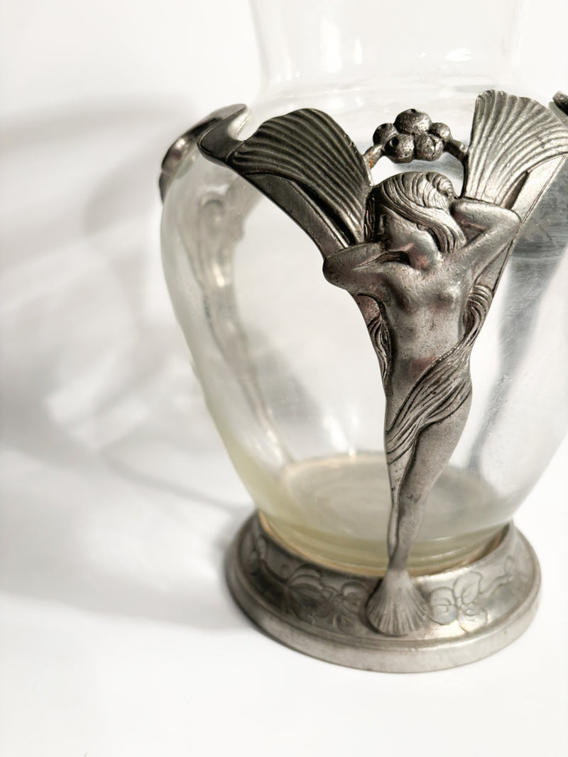 Vaso Art Nouveau in Vetro Trasparente e Peltro Scolpito Primi Novecento