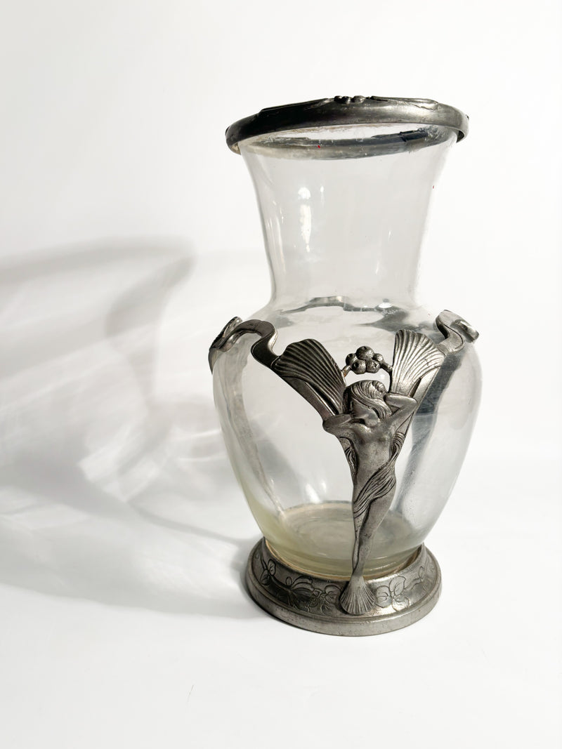 Vaso Art Nouveau in Vetro Trasparente e Peltro Scolpito Primi Novecento