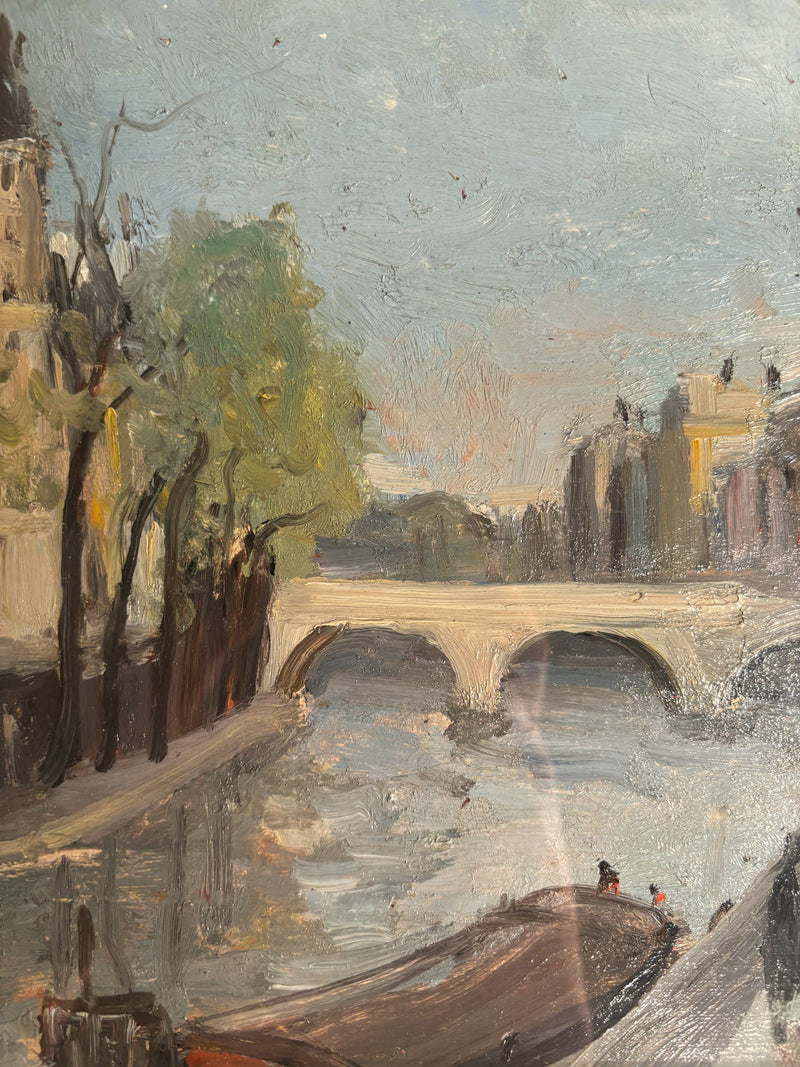 Dipinto a Olio di Paesaggio Parigino con Senna di Ugo Vittore Bartolini del 1951