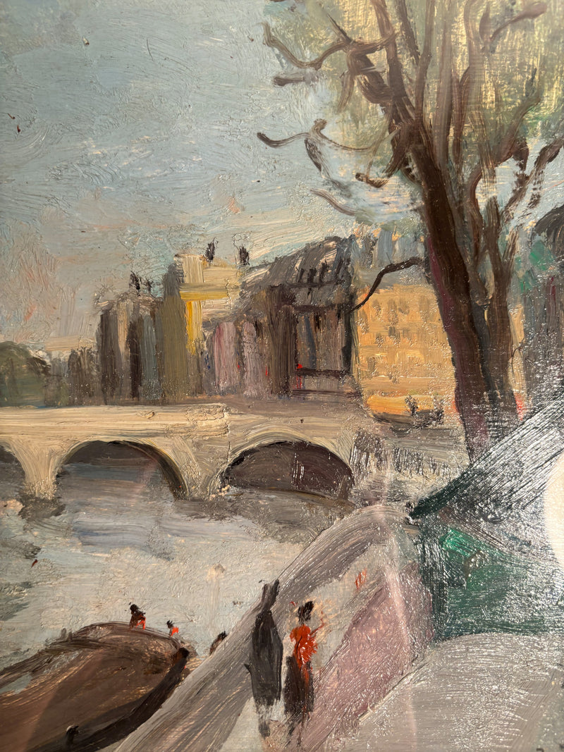 Dipinto a Olio di Paesaggio Parigino con Senna di Ugo Vittore Bartolini del 1951