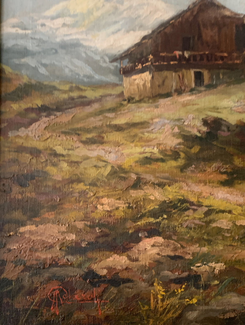 Dipinto Olio su Tela di Paesaggio Lacustre di Adolfo Polaroli Anni 20