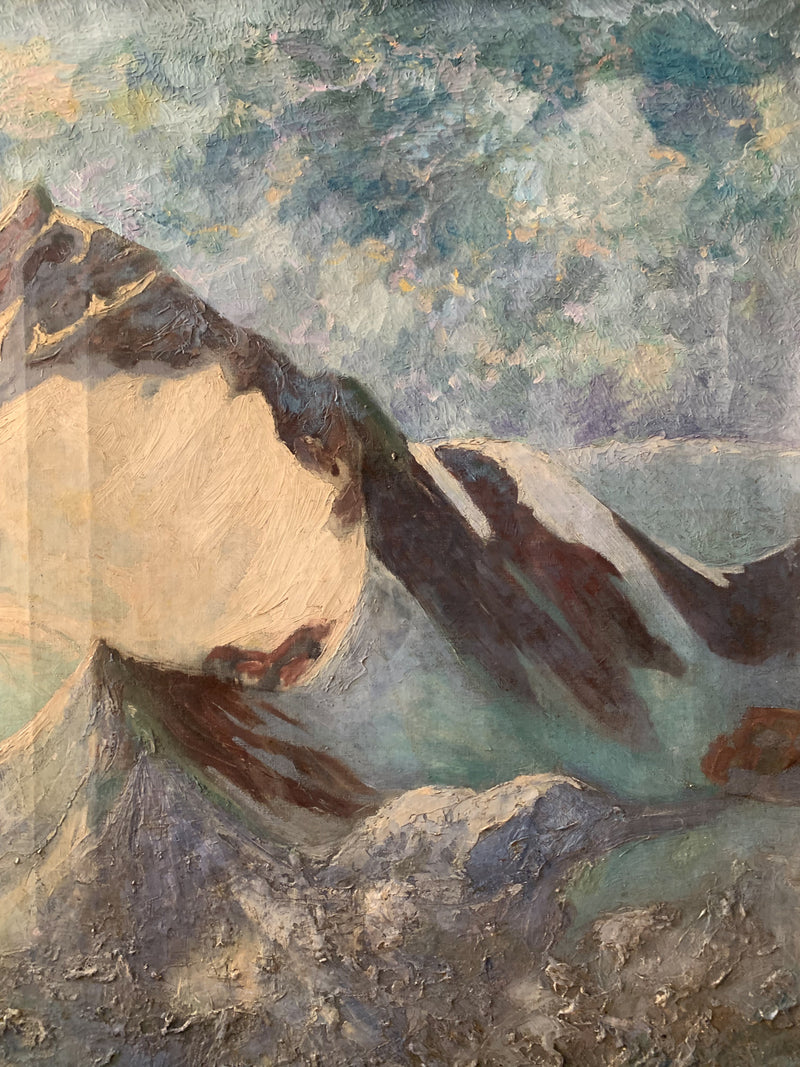 Dipinto Olio su Tela di Paesaggio di Montagna Attribuito a Paolo Punzo Anni 50