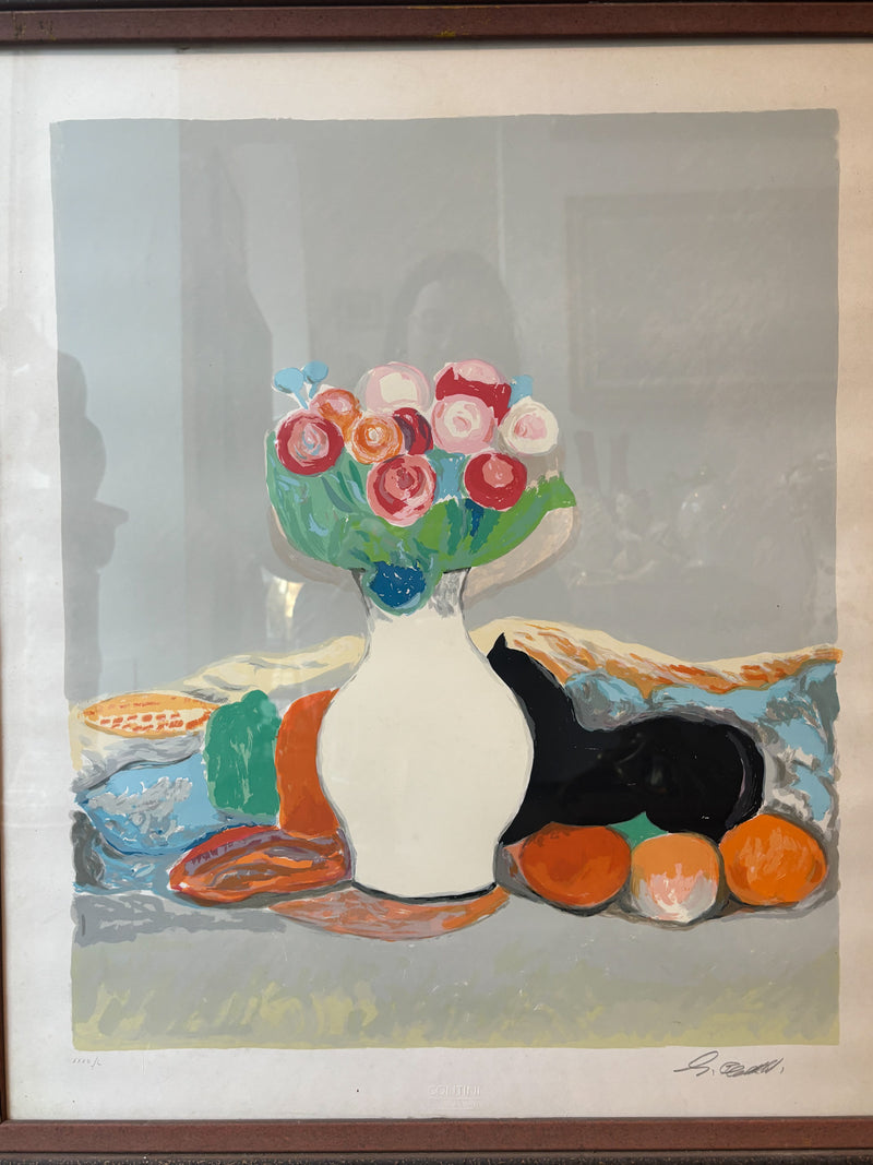 Lithograph of Still Life with Vase of Flowers by Giuseppe Cesetti 1960s