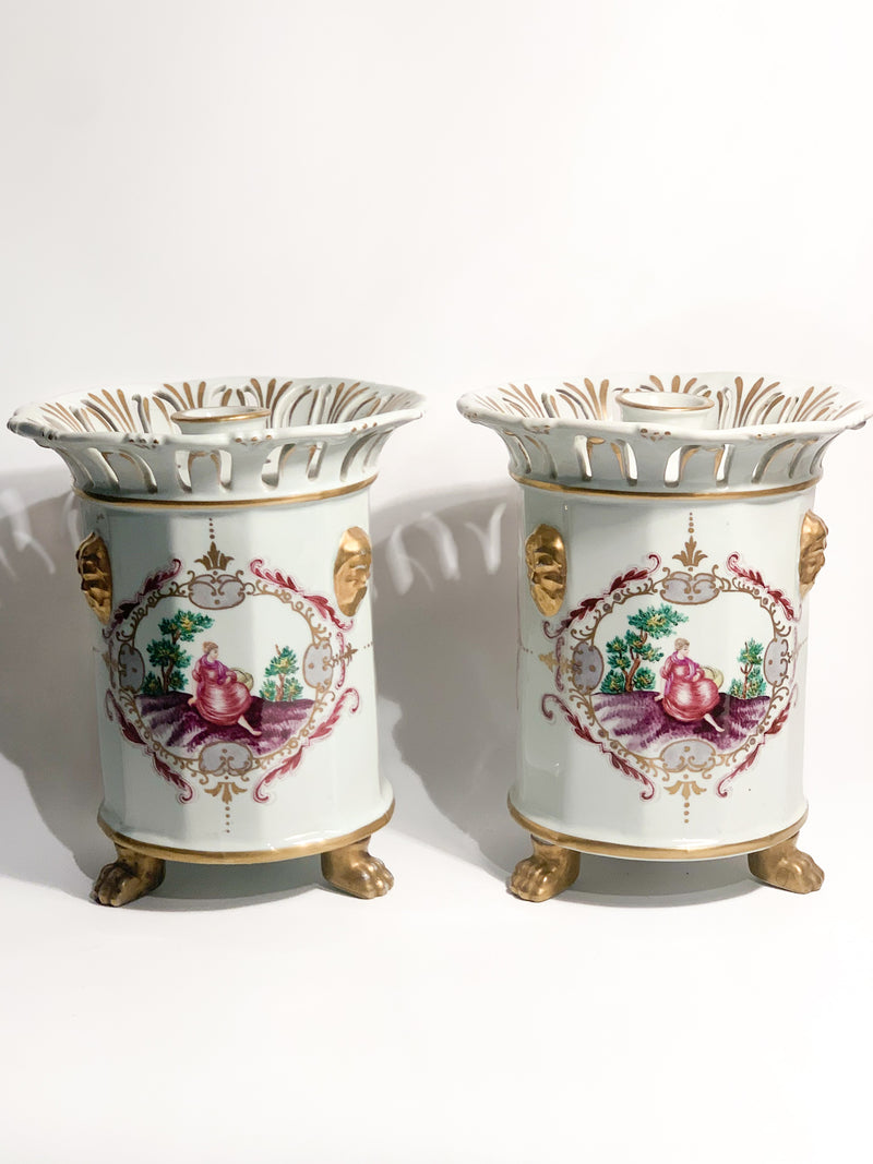 Pair of Hand-painted French Porcelain Vases/Perfumers from the 1950s