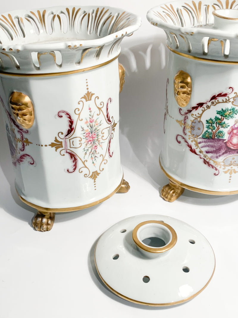 Pair of Hand-painted French Porcelain Vases/Perfumers from the 1950s