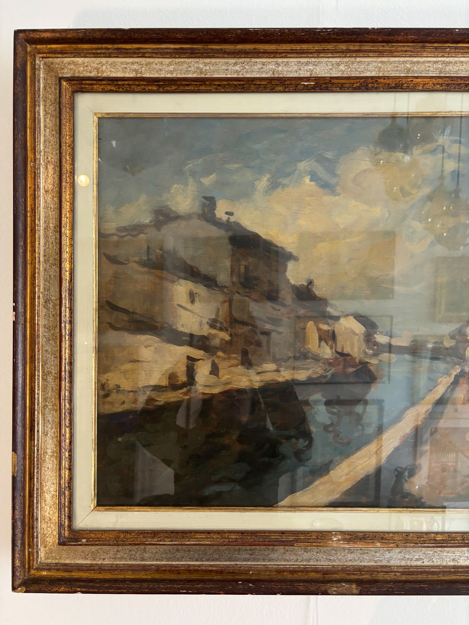 Oil Painting on Canvas of Navigli of Milan by Achille Cattaneo Early Twentieth Century