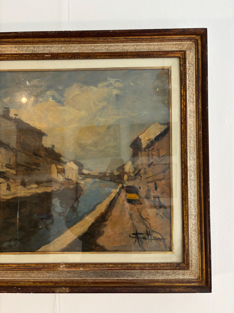 Dipinto Olio su Tela di Navigli di Milano di Achille Cattaneo Primi Novecento