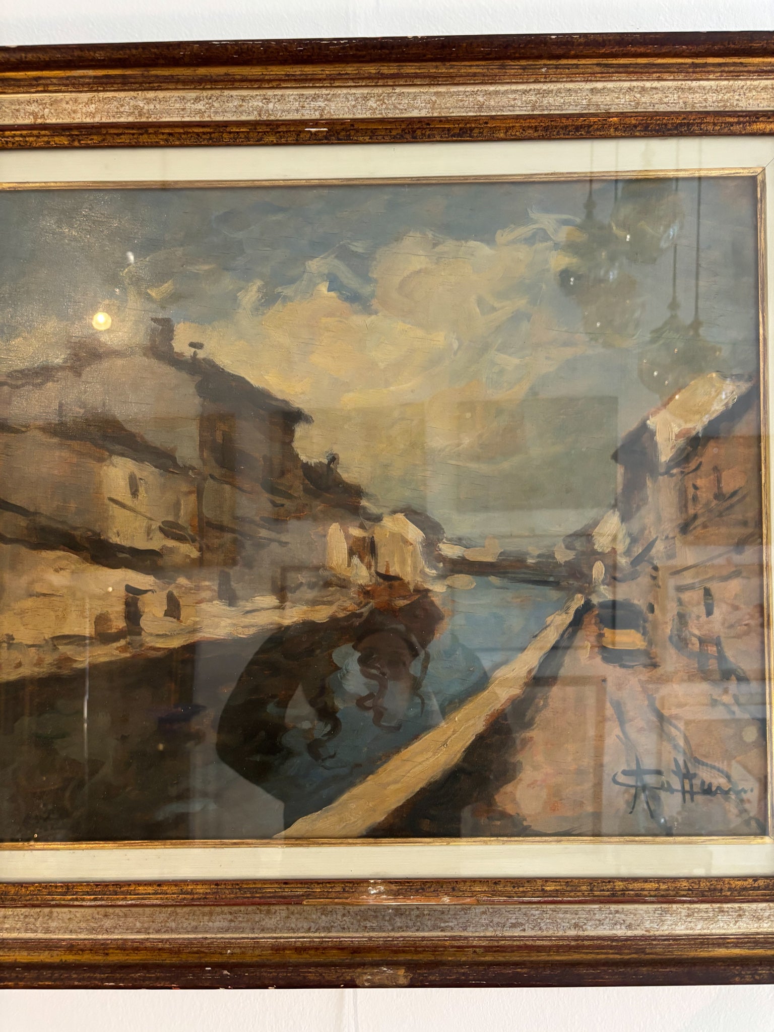 Oil Painting on Canvas of Navigli of Milan by Achille Cattaneo Early Twentieth Century