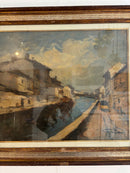 Dipinto Olio su Tela di Navigli di Milano di Achille Cattaneo Primi Novecento