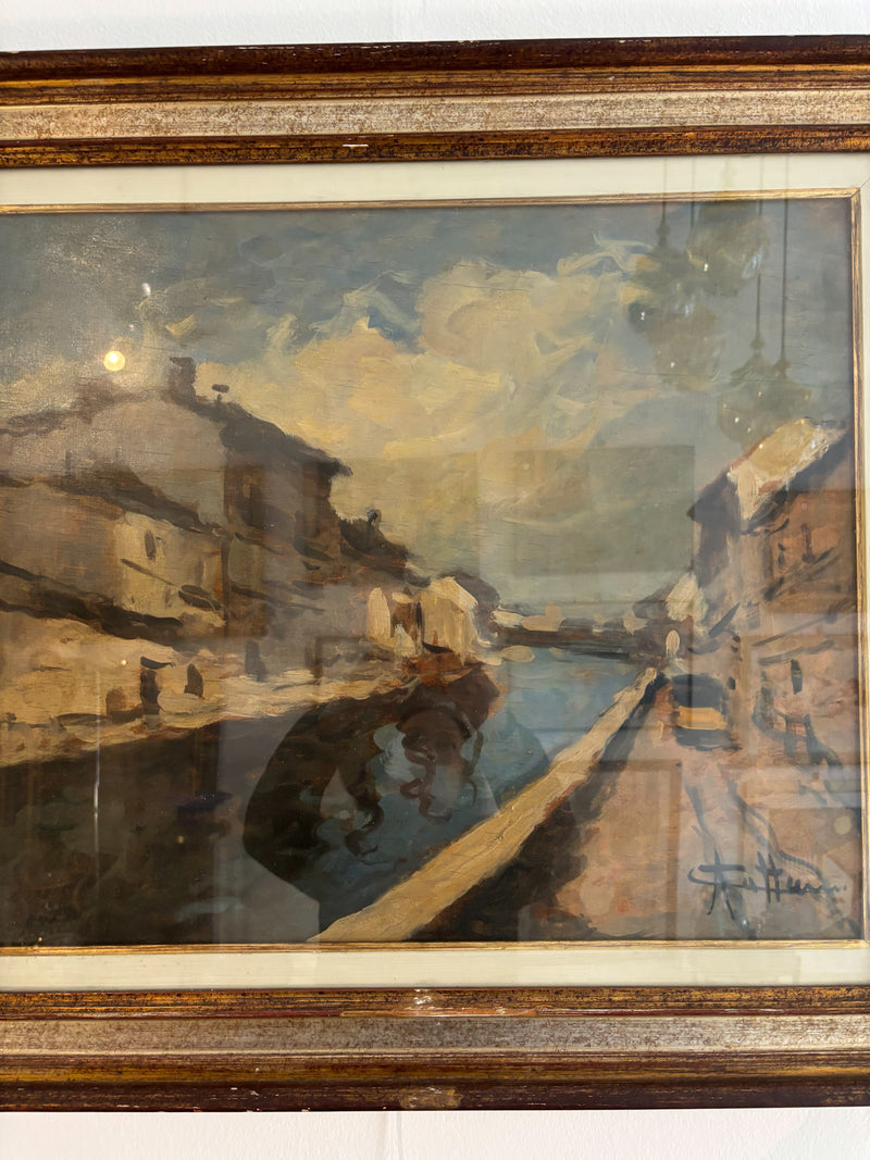 Dipinto Olio su Tela di Navigli di Milano di Achille Cattaneo Primi Novecento