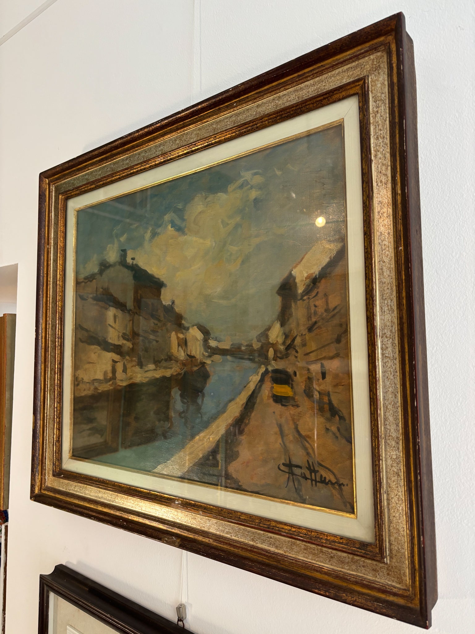 Oil Painting on Canvas of Navigli of Milan by Achille Cattaneo Early Twentieth Century