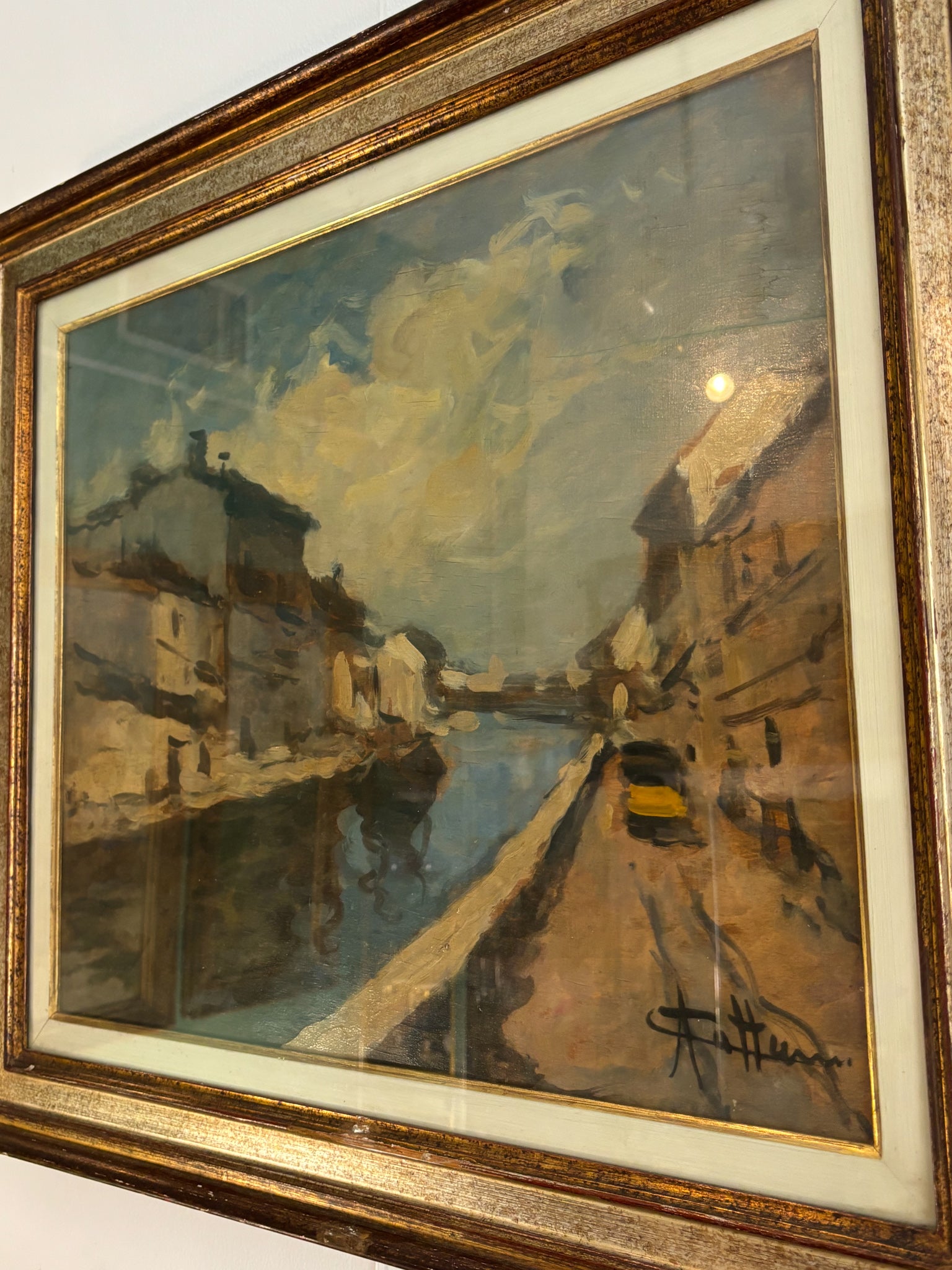 Oil Painting on Canvas of Navigli of Milan by Achille Cattaneo Early Twentieth Century