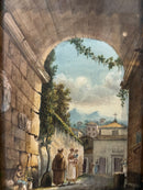 Dipinto Olio su Cartone di Cortile con Arcata XX Secolo