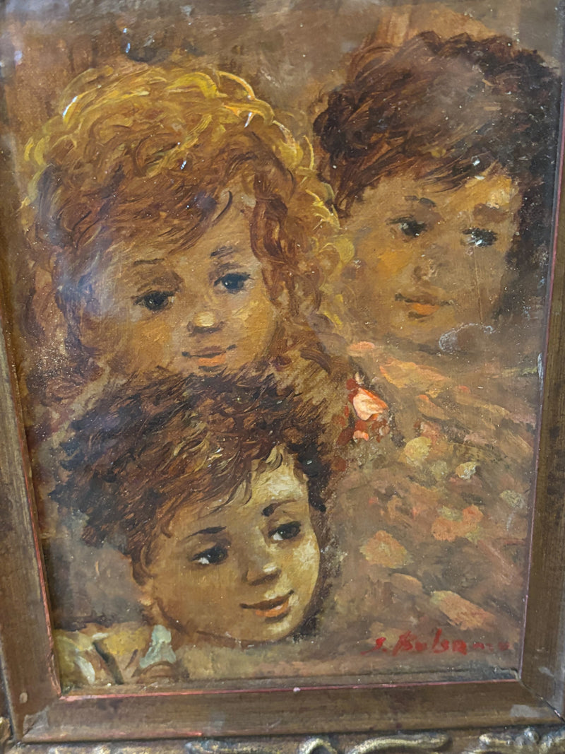 Oil Painting on Panel of Three Faces of Children by Salvatore Balsamo Early Twentieth Century