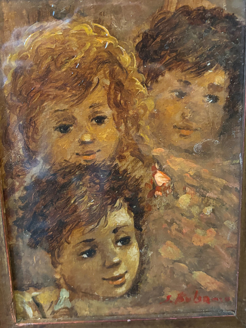 Oil Painting on Panel of Three Faces of Children by Salvatore Balsamo Early Twentieth Century