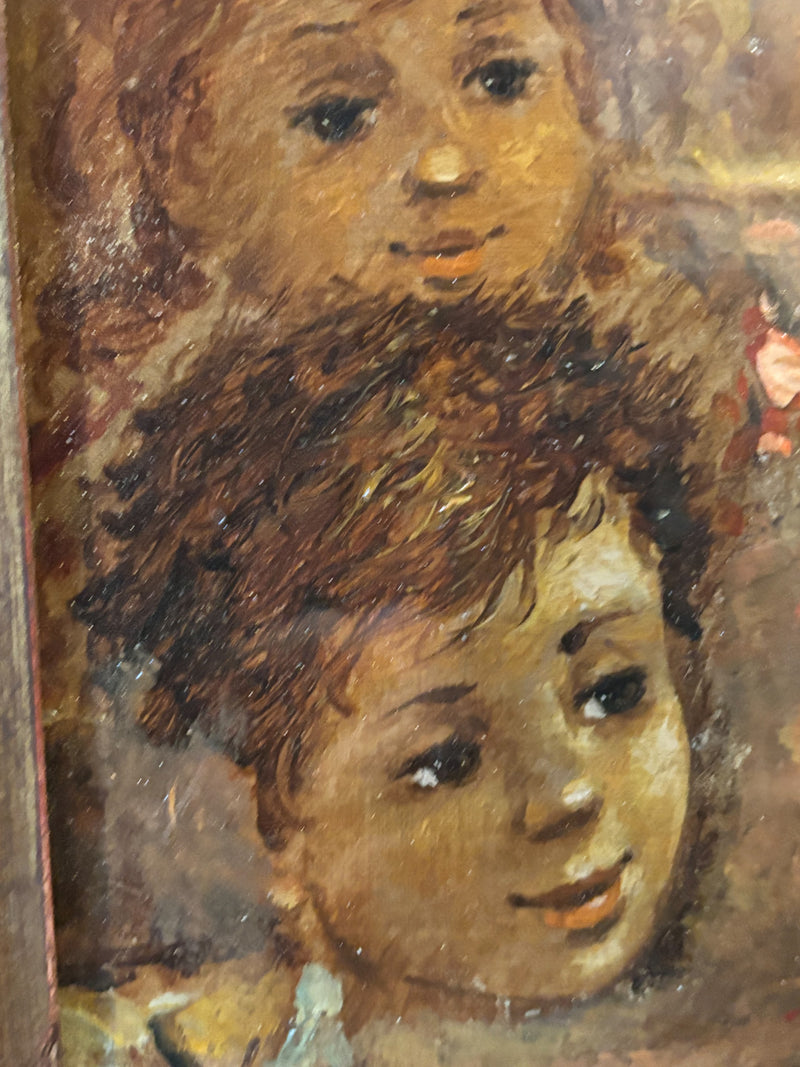 Oil Painting on Panel of Three Faces of Children by Salvatore Balsamo Early Twentieth Century