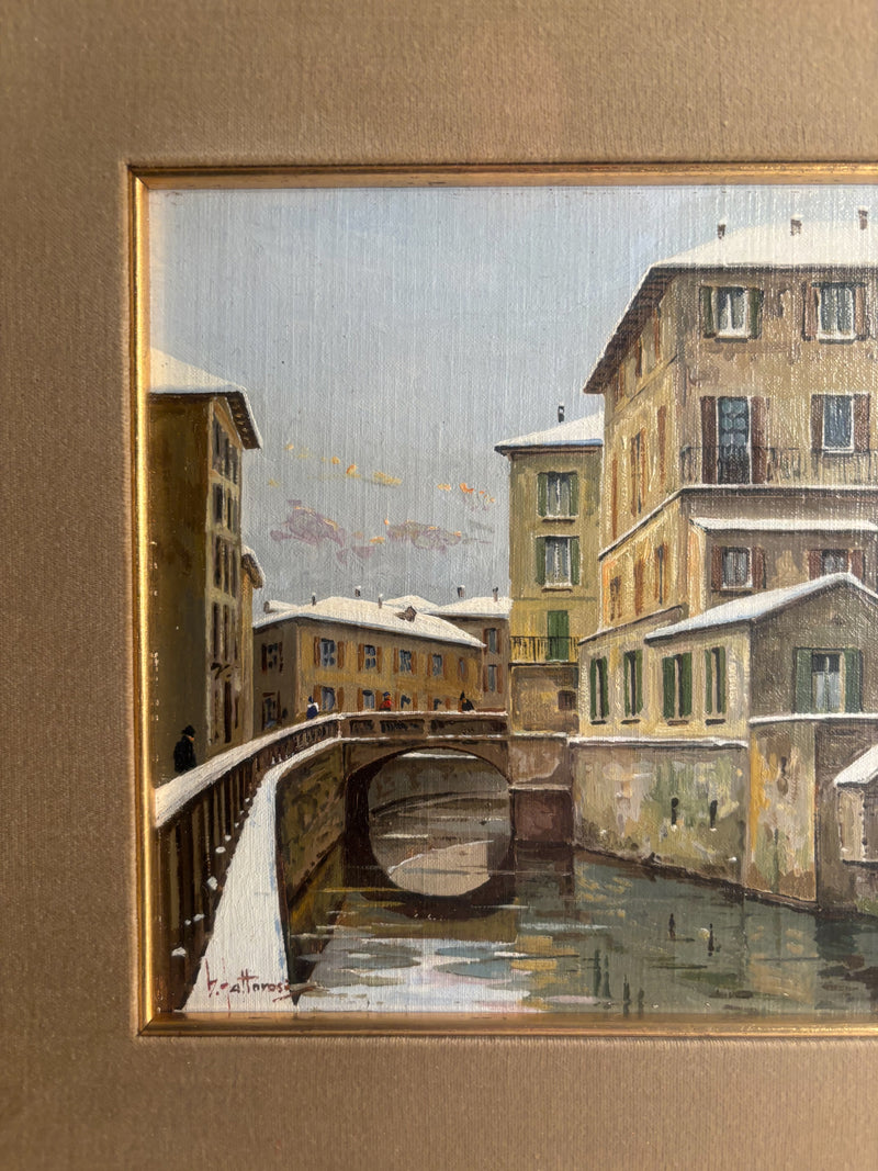 Oil Painting on Panel of Navigli of Milan 1950s