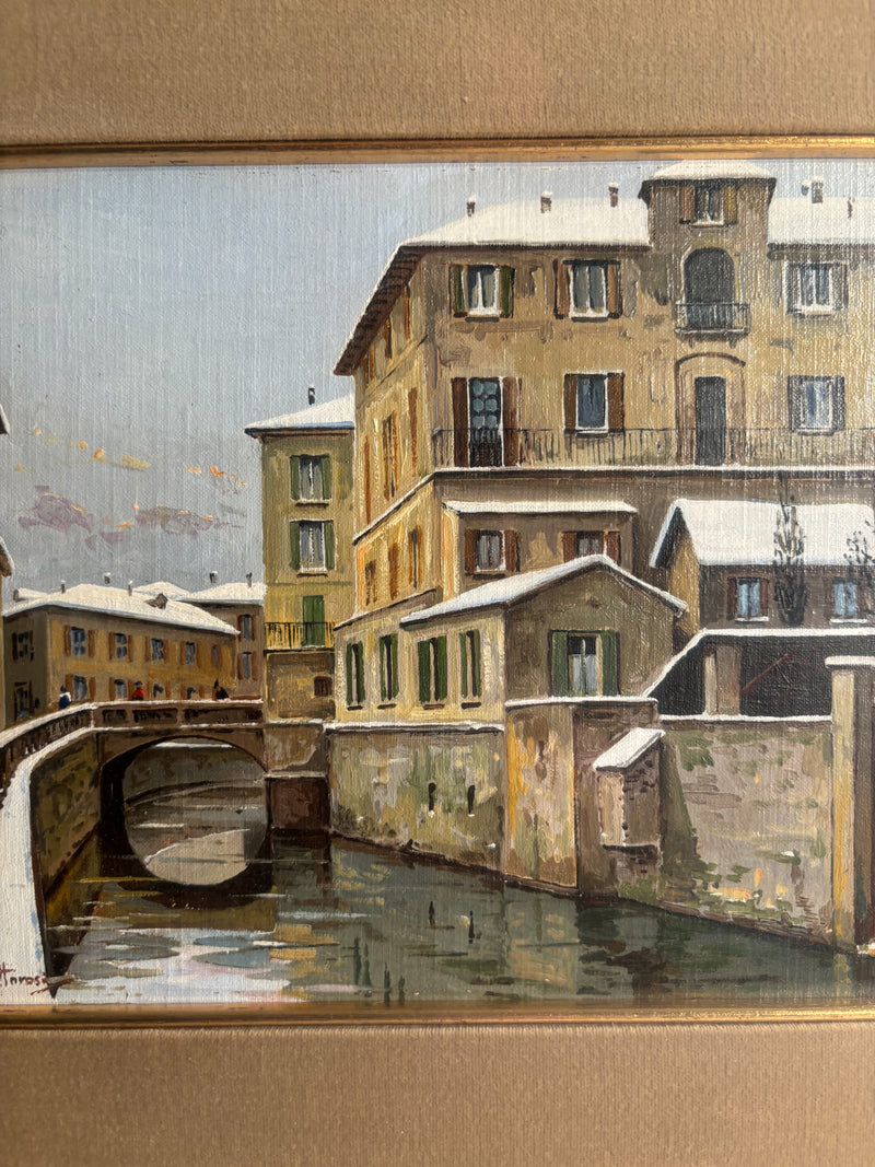 Oil Painting on Panel of Navigli of Milan 1950s