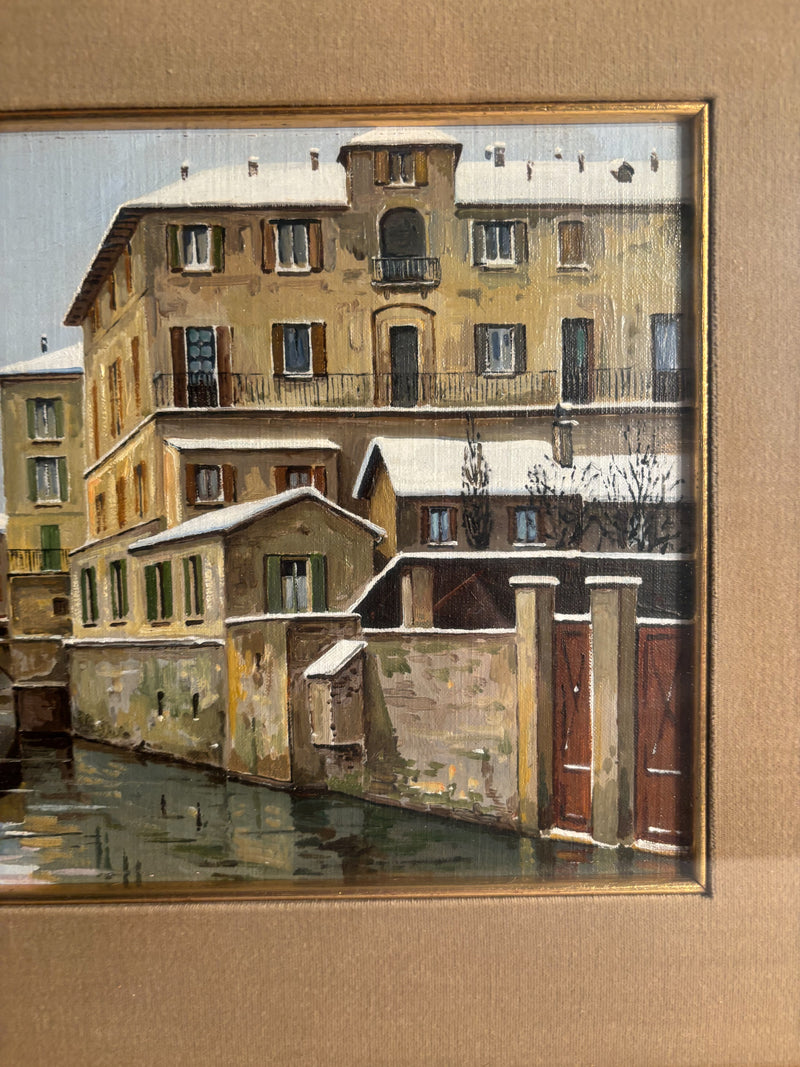 Oil Painting on Panel of Navigli of Milan 1950s