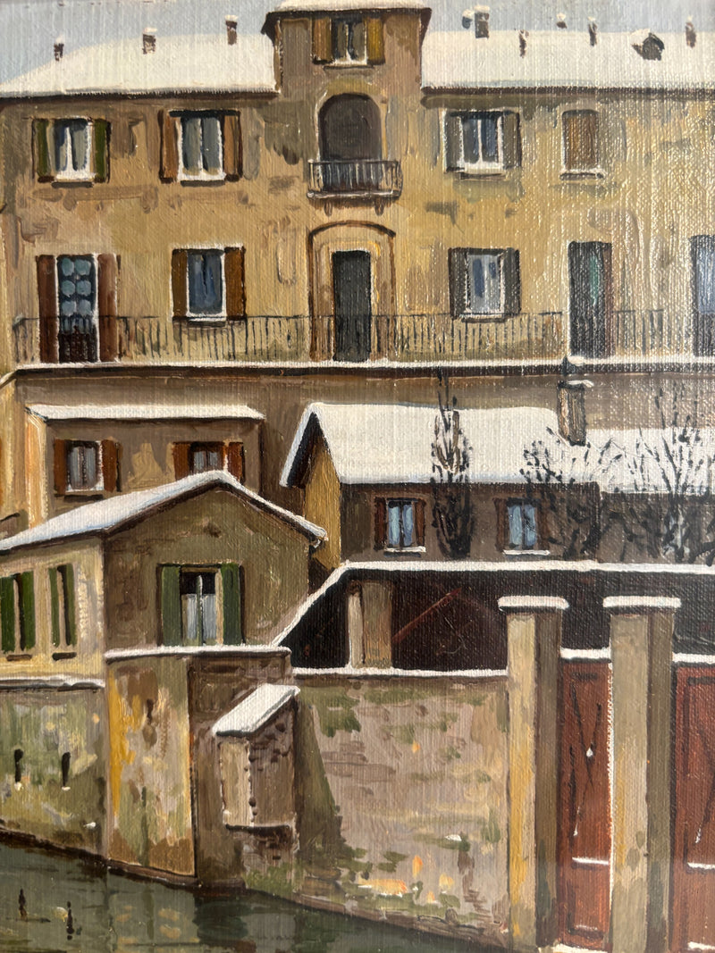 Oil Painting on Panel of Navigli of Milan 1950s