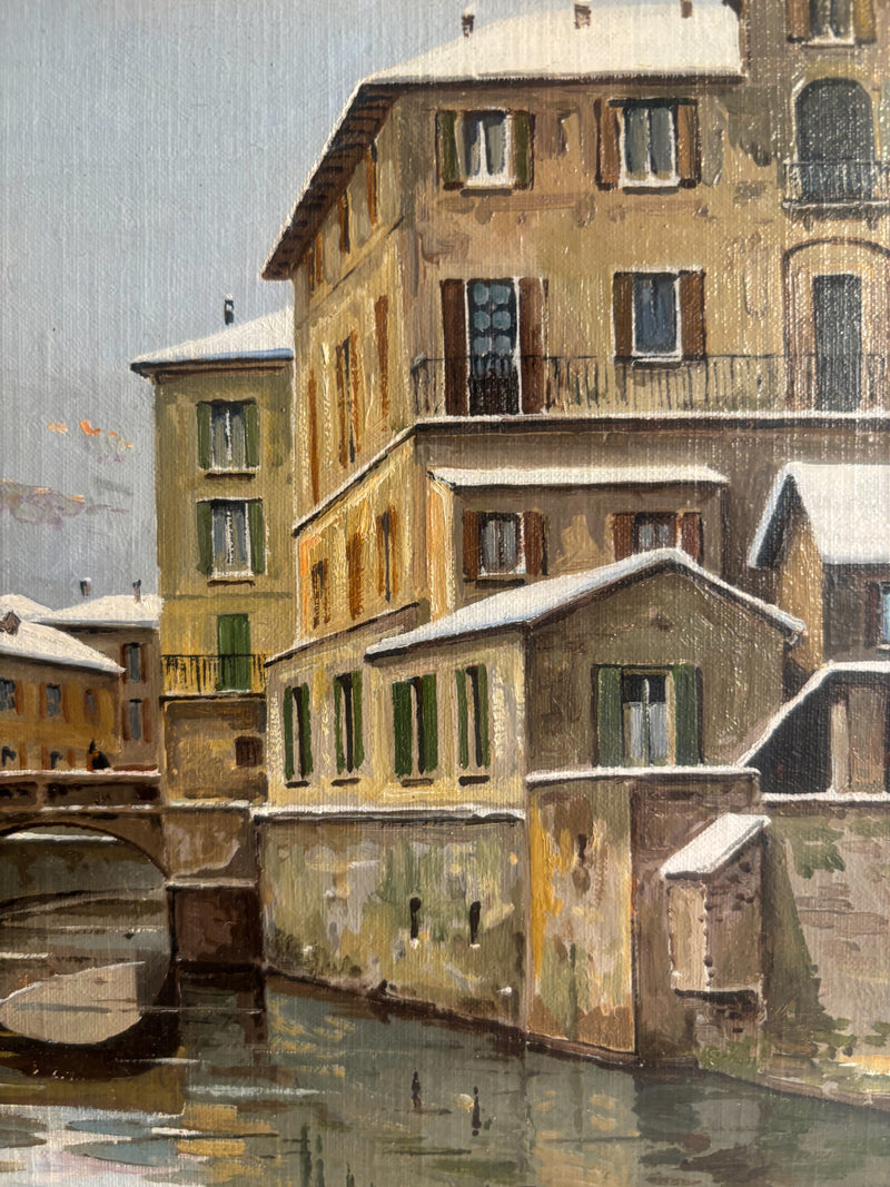 Oil Painting on Panel of Navigli of Milan 1950s