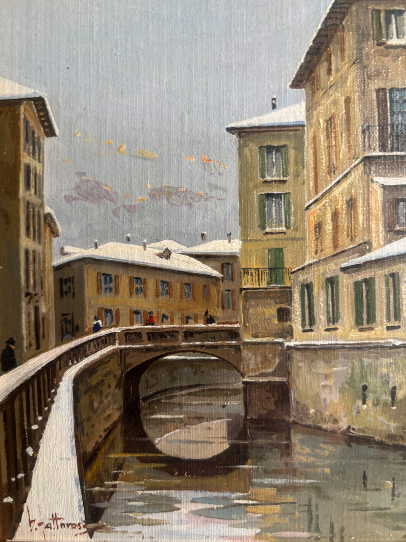 Oil Painting on Panel of Navigli of Milan 1950s