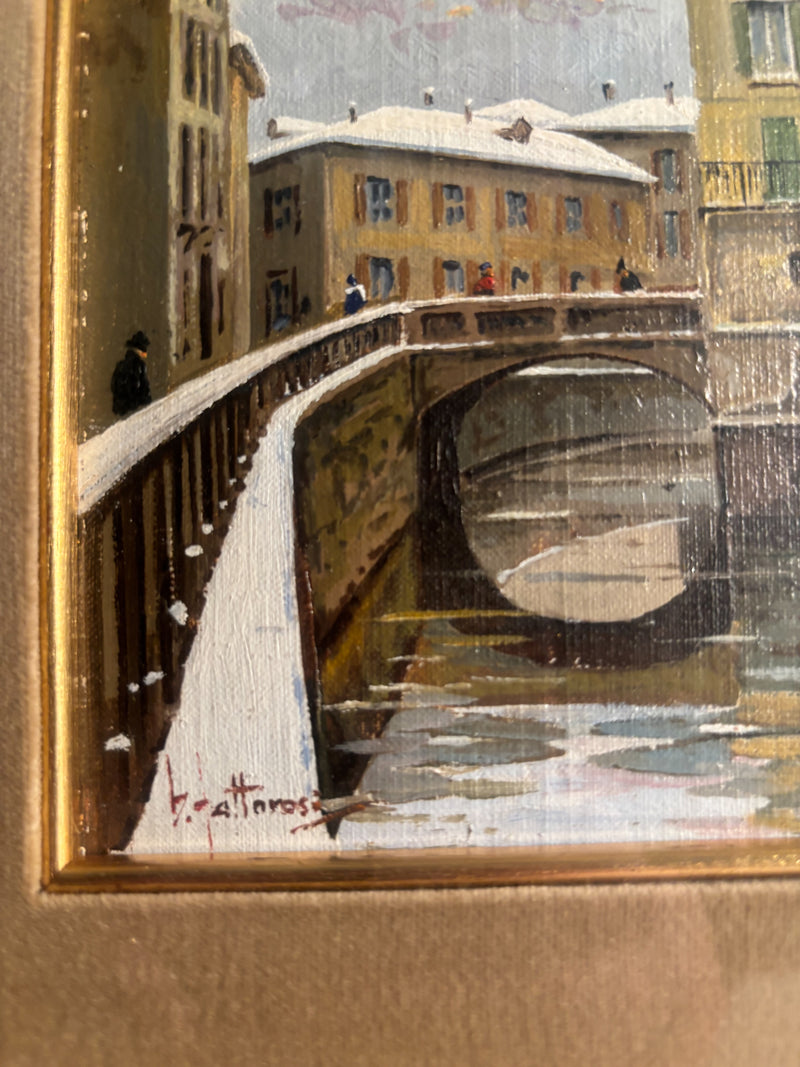 Oil Painting on Panel of Navigli of Milan 1950s