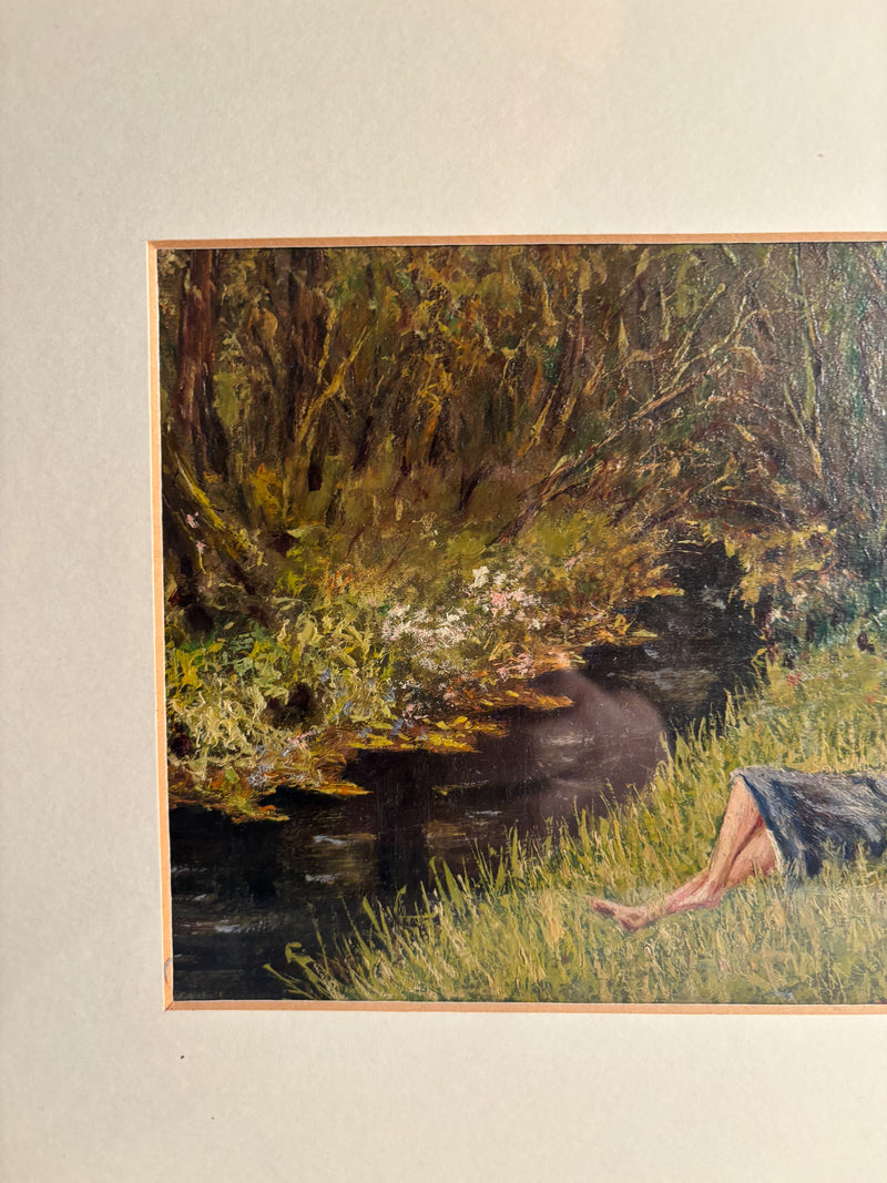 Oil Painting on Panel of Girl Lying on Grass 1950s