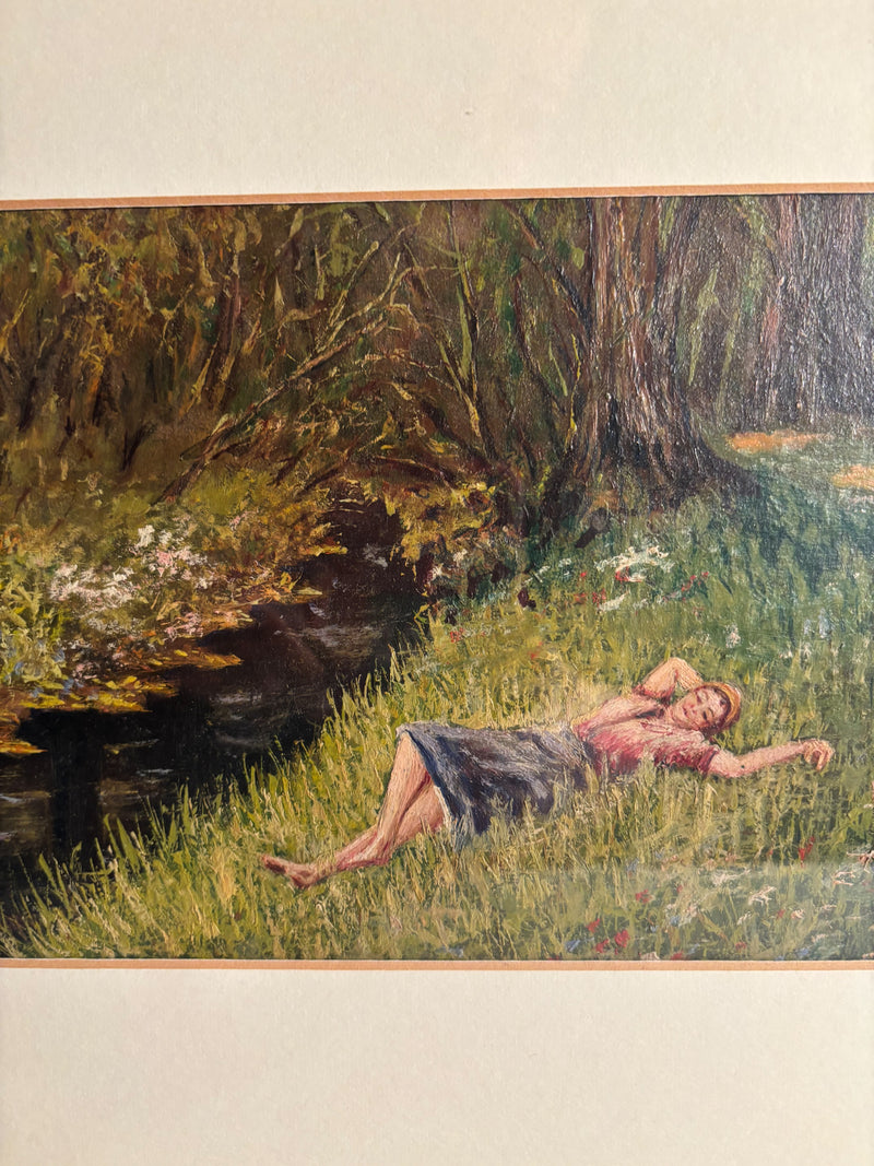 Oil Painting on Panel of Girl Lying on Grass 1950s