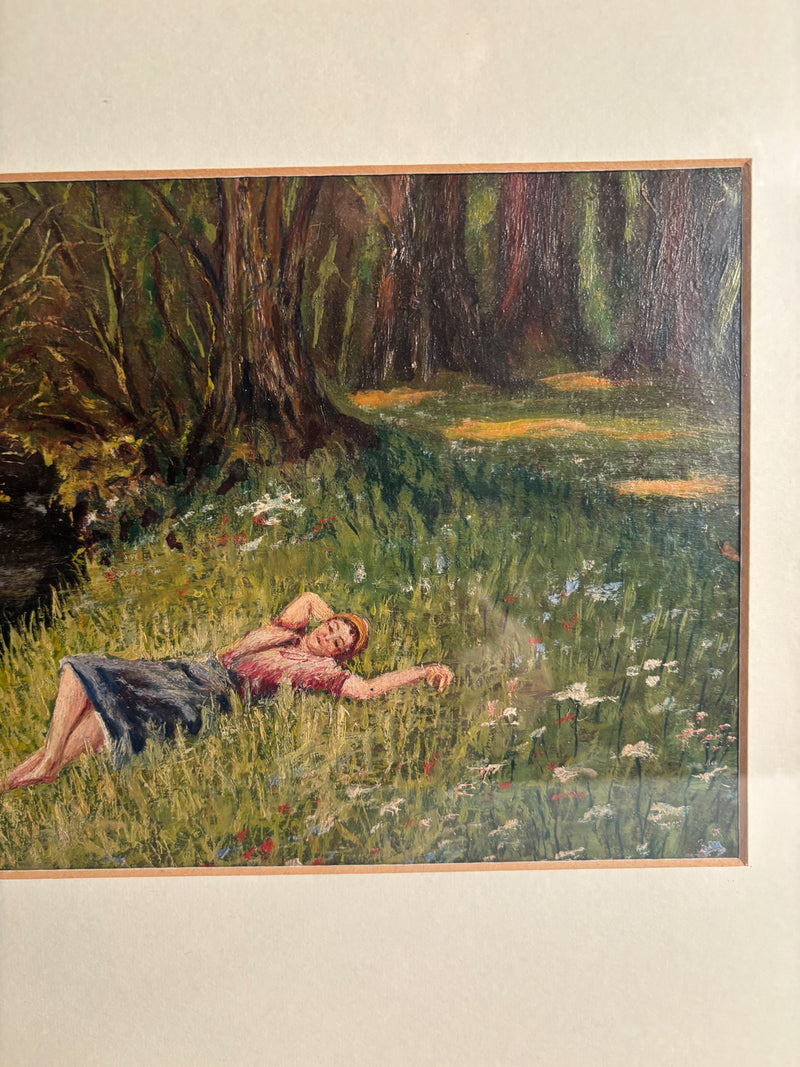 Oil Painting on Panel of Girl Lying on Grass 1950s