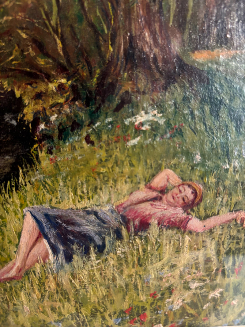 Oil Painting on Panel of Girl Lying on Grass 1950s