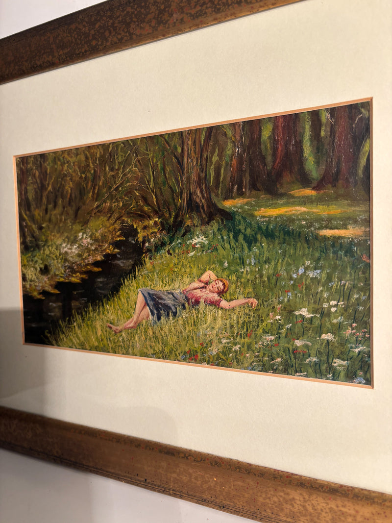 Oil Painting on Panel of Girl Lying on Grass 1950s