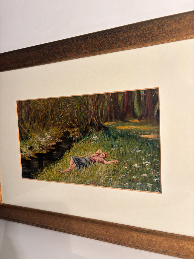 Oil Painting on Panel of Girl Lying on Grass 1950s