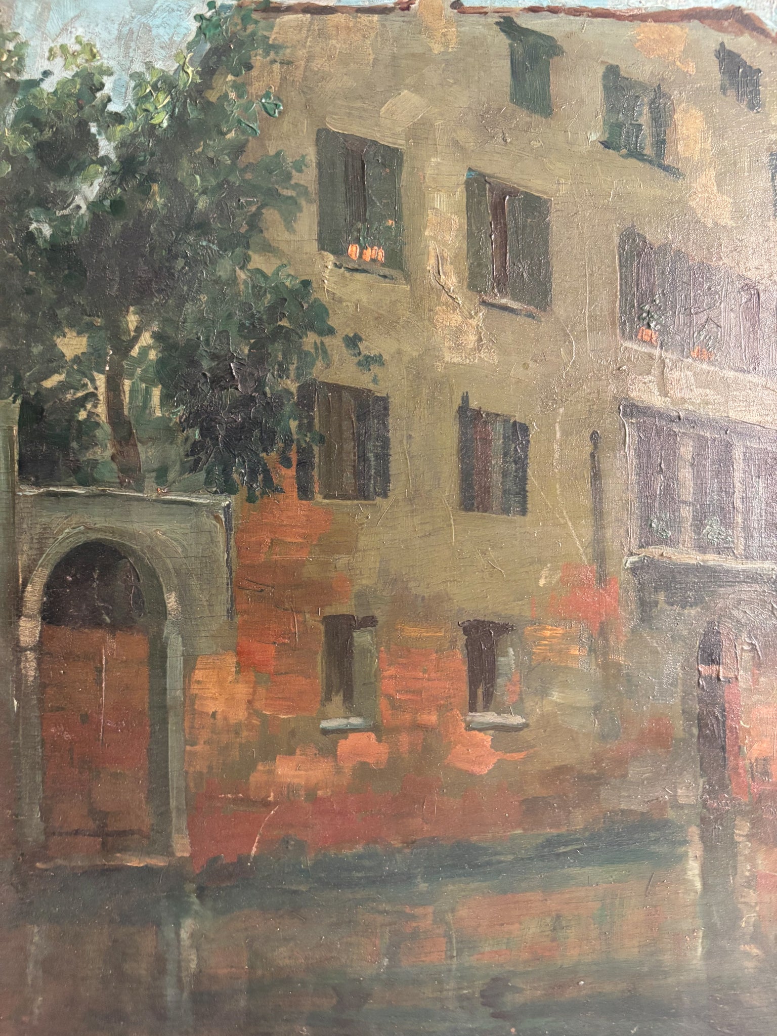 Oil Painting on Board of Venice Canal by Gino Albieri 1920s