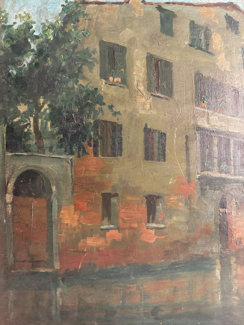 Dipinto Olio su Tavola di Canale di Venezia di Gino Albieri Anni 20