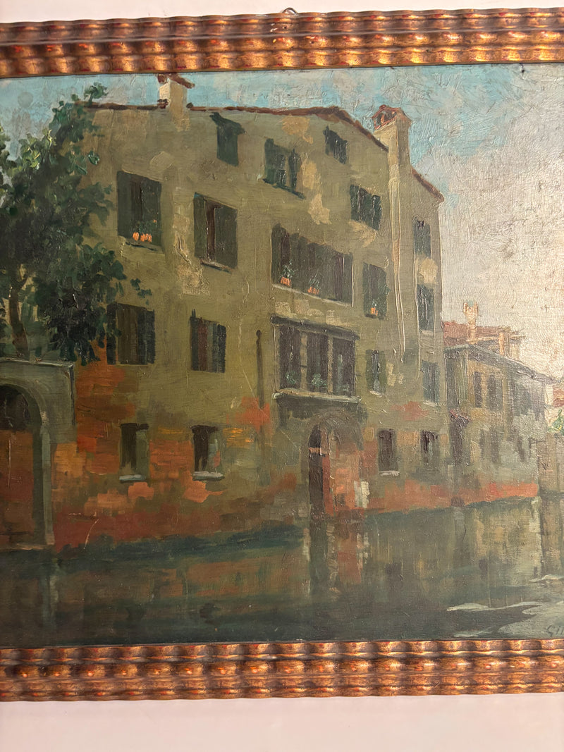 Dipinto Olio su Tavola di Canale di Venezia di Gino Albieri Anni 20