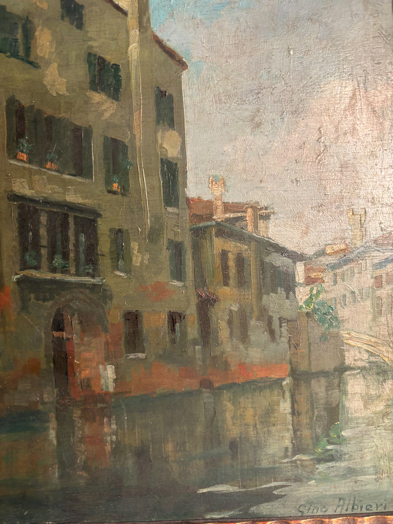 Dipinto Olio su Tavola di Canale di Venezia di Gino Albieri Anni 20