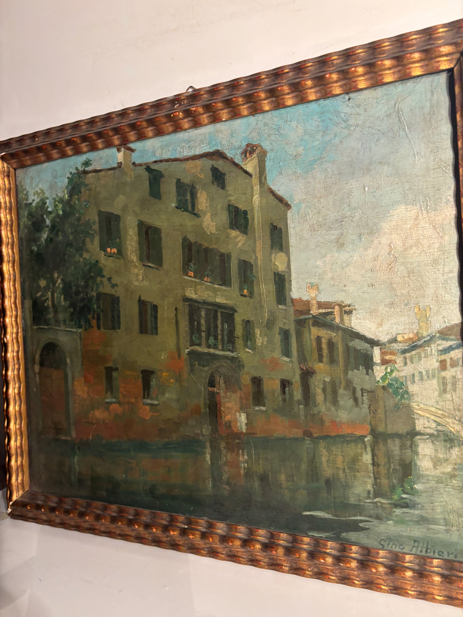 Oil Painting on Board of Venice Canal by Gino Albieri 1920s