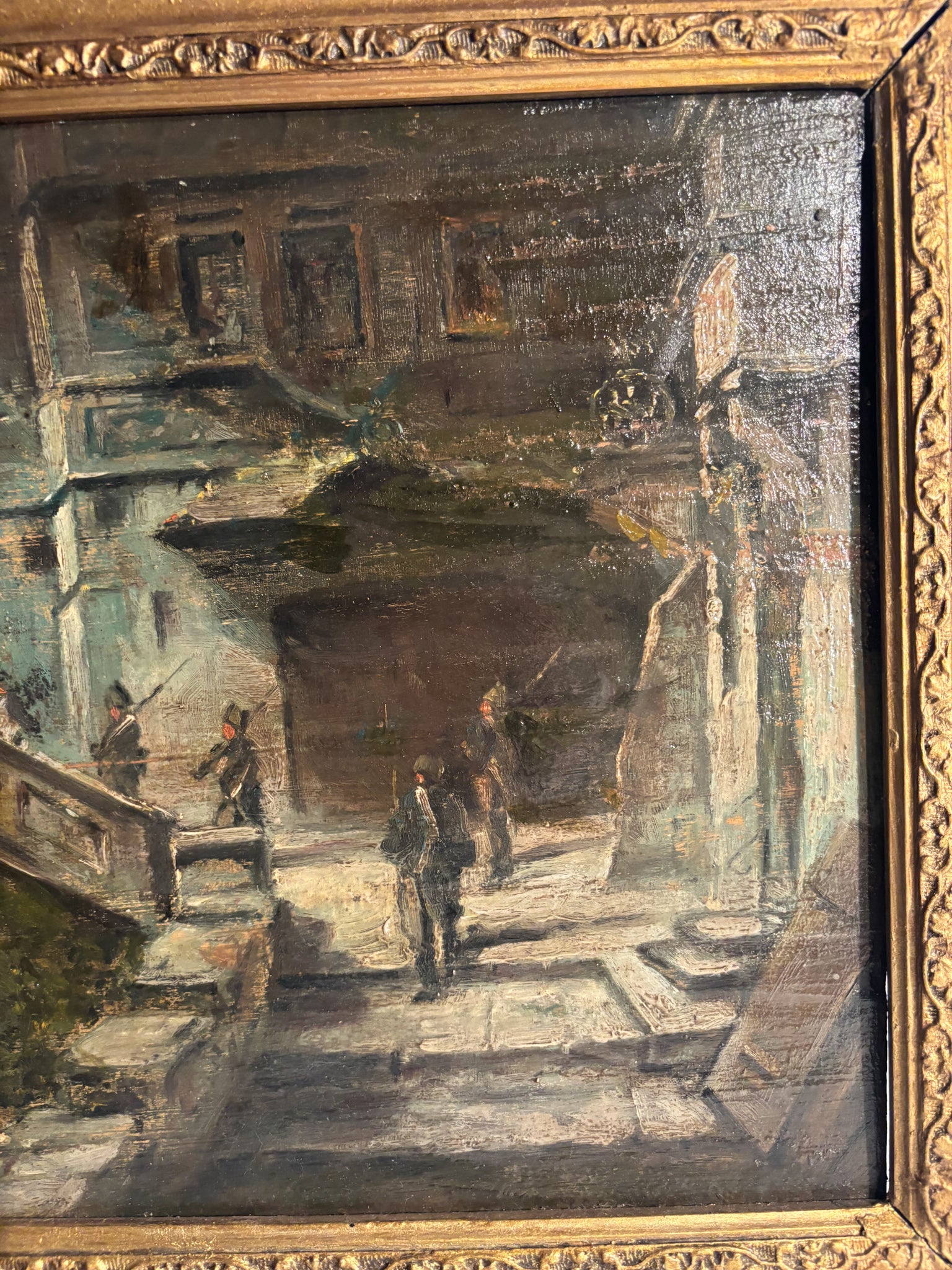 Oil Painting on Panel of Soldiers in Urban Landscape Late 1800s