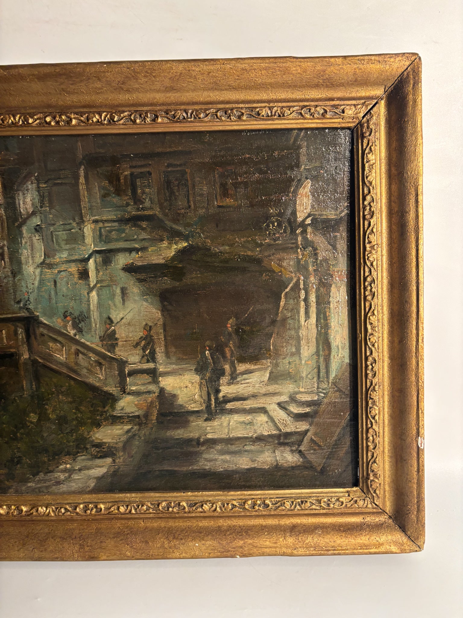 Oil Painting on Panel of Soldiers in Urban Landscape Late 1800s