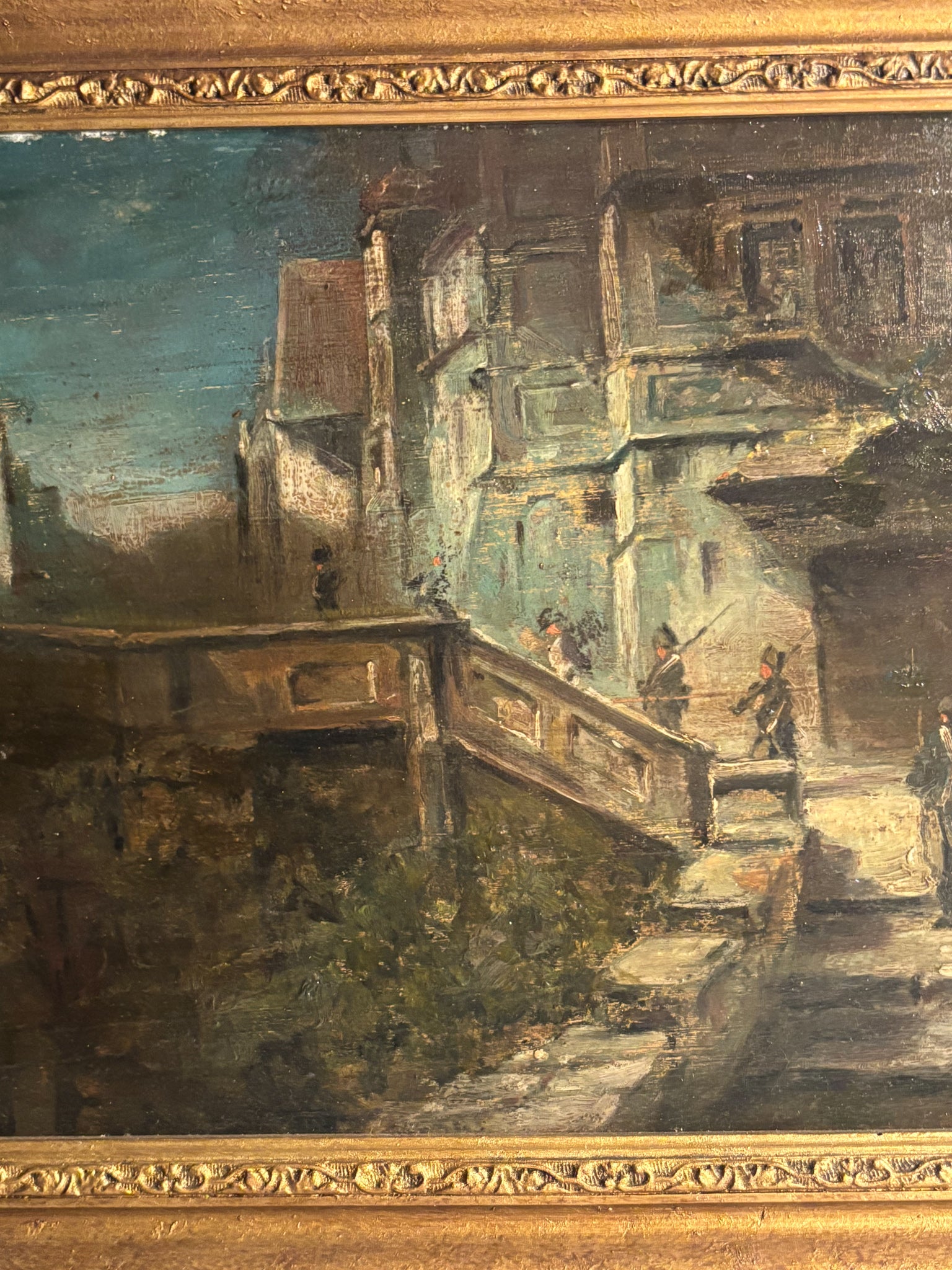 Oil Painting on Panel of Soldiers in Urban Landscape Late 1800s