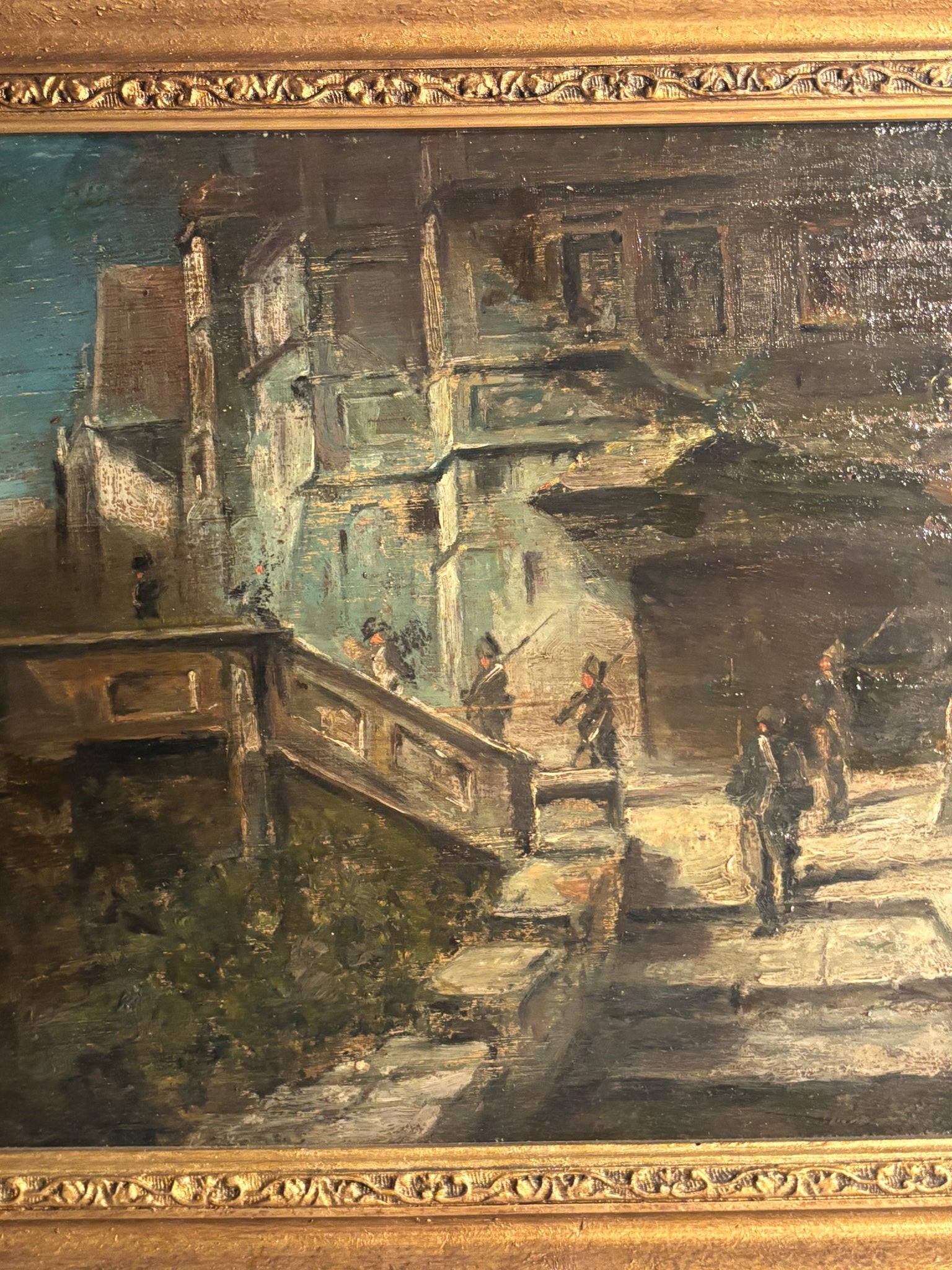 Oil Painting on Panel of Soldiers in Urban Landscape Late 1800s