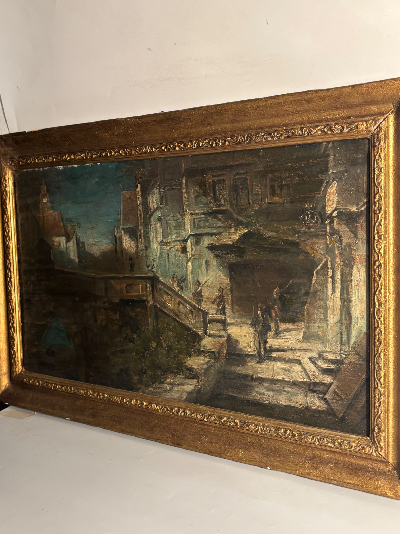 Oil Painting on Panel of Soldiers in Urban Landscape Late 1800s