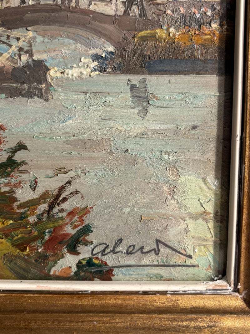 Oil Painting on Panel of Landscape with Figures by Achille Cavalieri 1920s