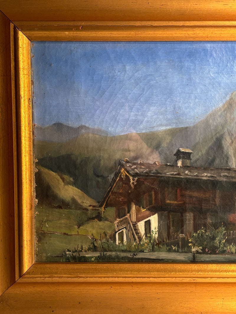 Oil Painting on Cardboard of Mountain Lodge 1950s