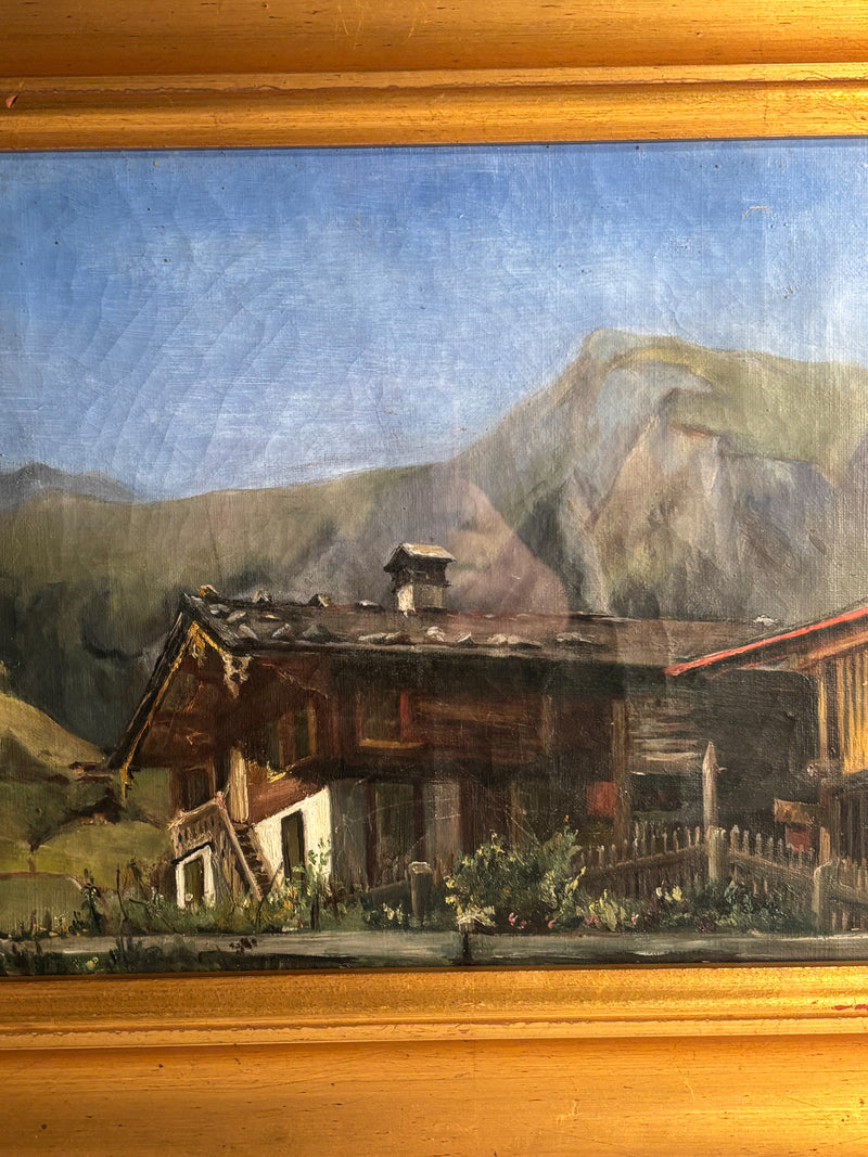 Oil Painting on Cardboard of Mountain Lodge 1950s