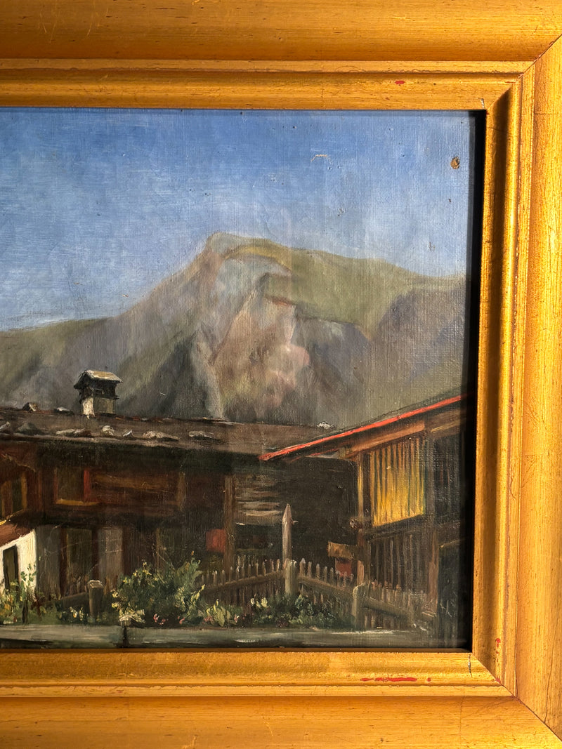 Oil Painting on Cardboard of Mountain Lodge 1950s