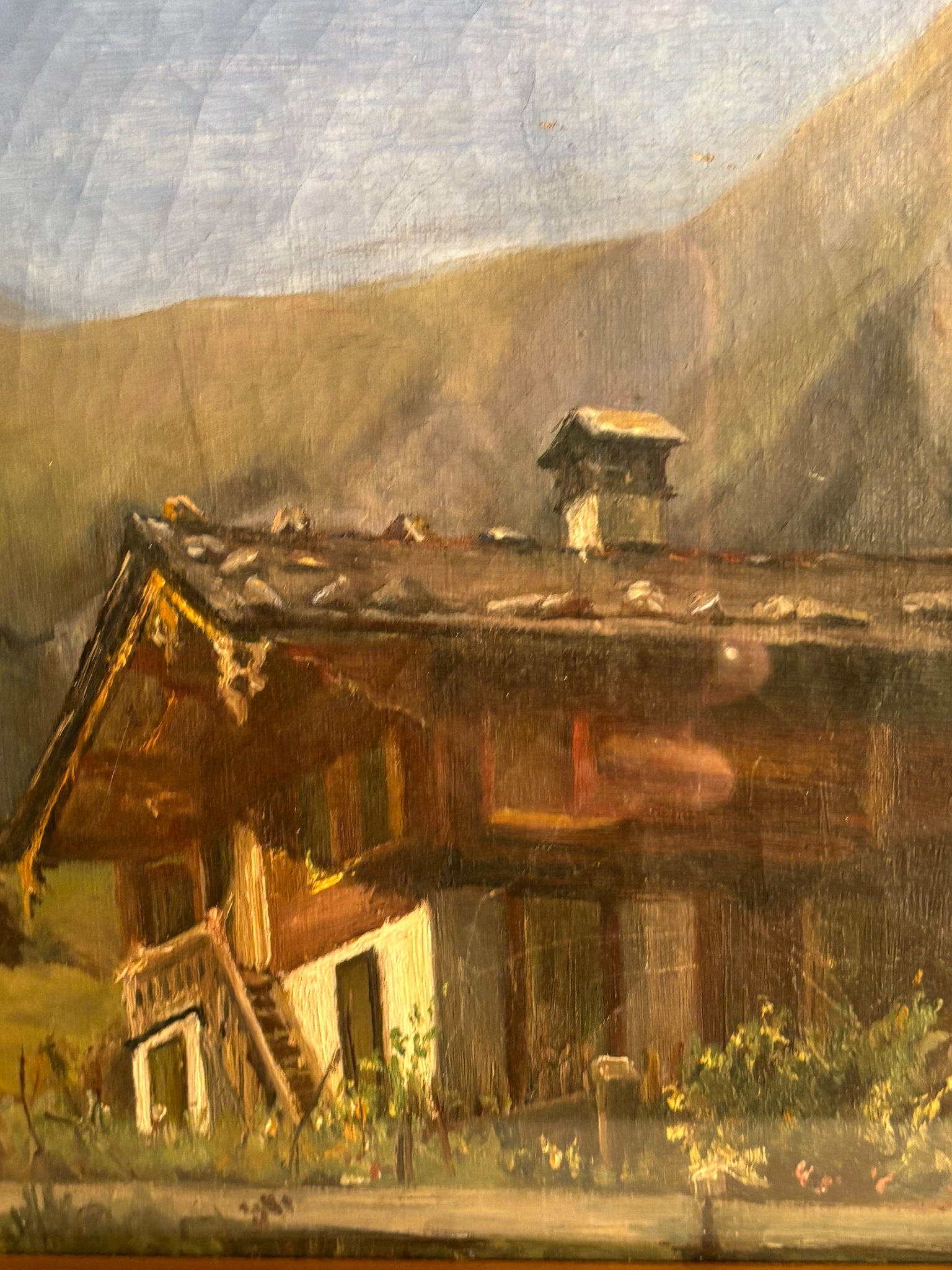 Oil Painting on Cardboard of Mountain Lodge 1950s